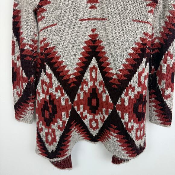 Quinn Womens Long Sleeve Knit Aztec Ethnic Open Cardigan Red/Grey Sweater Small - Picture 6 of 9